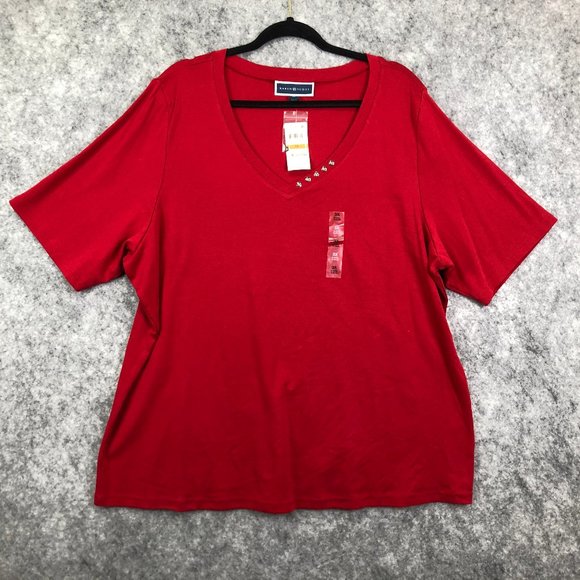 Karen Scott Tops - Karen Scott Top Size 0X Women Elbow Short Sleeve V Neck Solid Red Button Accent